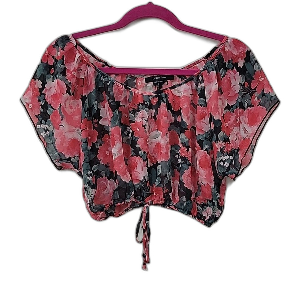 Paper Tee Floral Sheer Blouse Red Black Crop Size S